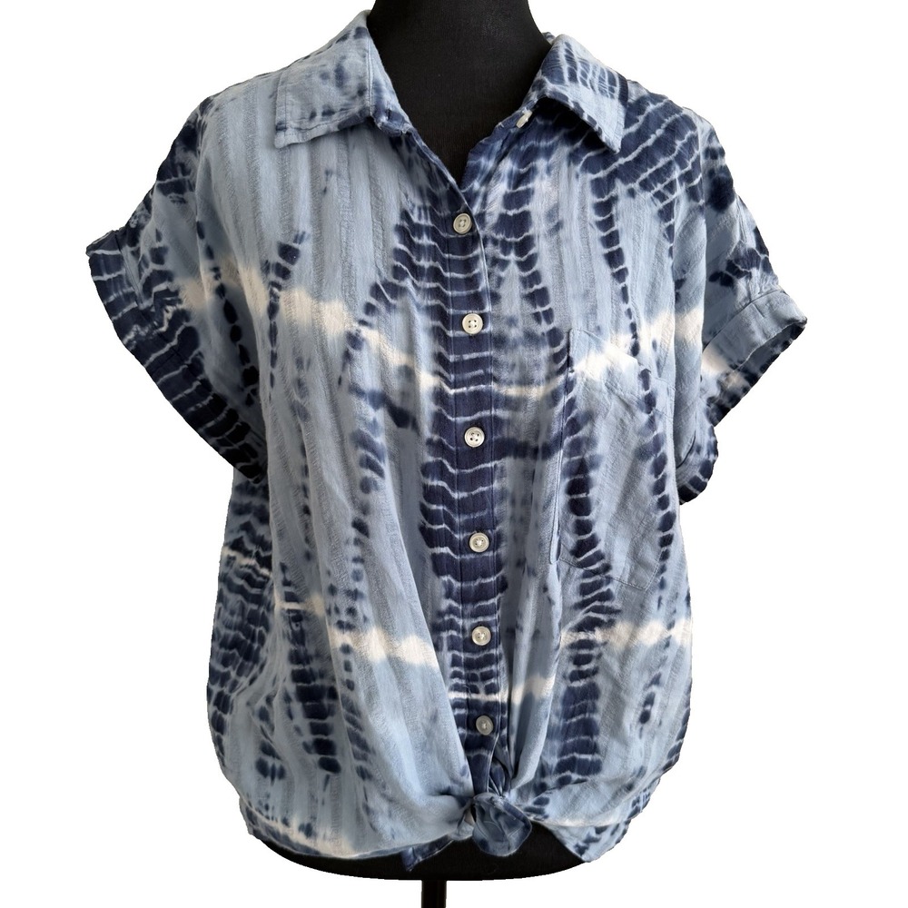 Women's Large Blue White Tye Dye Tie Front Top Boho Coastal Beachy Style & Co.
